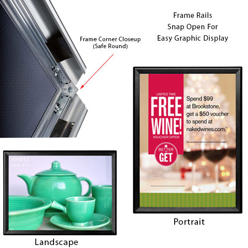 22 x 28 Snap Frame with Safe Round Corners Wall Mounts in Portrait or Landscape Position