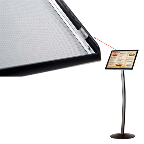 Curved Floorstand with SNAP-OPEN 85x11 sign frame allows for easy change of your graphics