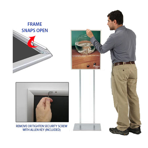 Double Pole Poster Floor Stand 24x36 Sign Holder with SECURITY SCREWS on Snap Frame 1 1/4" Wide