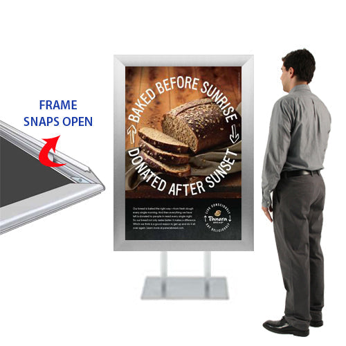 Double-Pole Floor Stand 27x40 Sign Holder with Bold Snap Frame 2 1/2" Wide Profile, Black + Silver Finishes