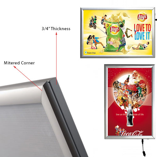 Silver 22 x 28 LED Light Box with Snap Frame Design Mounts in Portrait or Landscape Position.
